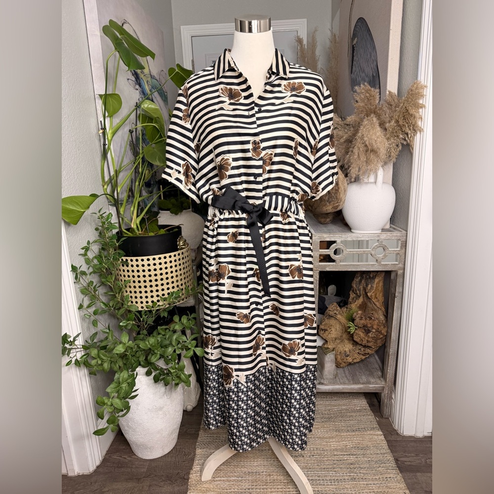 Diana Gallesi Black and White Striped Dress with Floral Details
